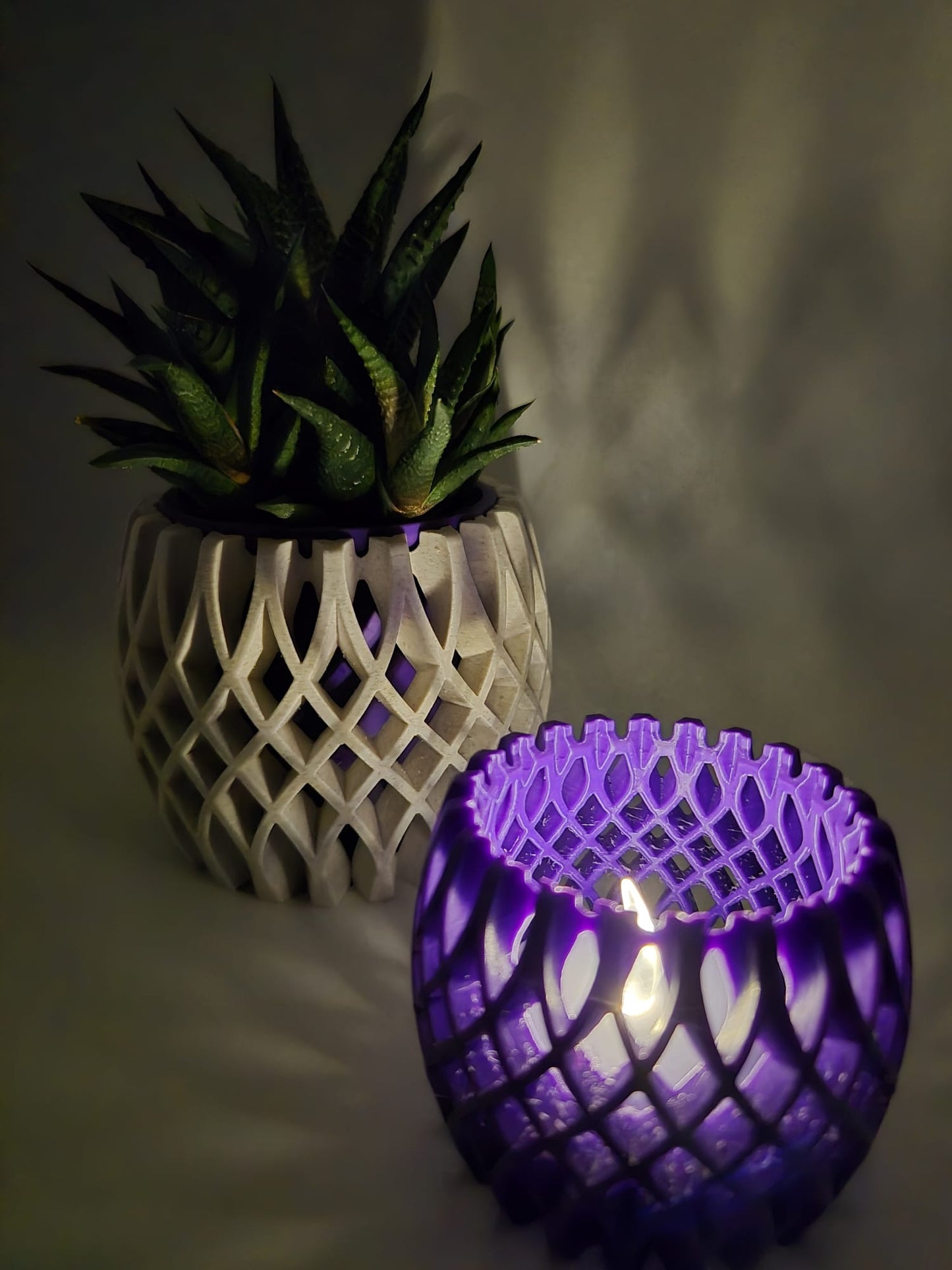 3D Printed Plant Pot & Tea Light Set | Marble Plum Lattice Design UK