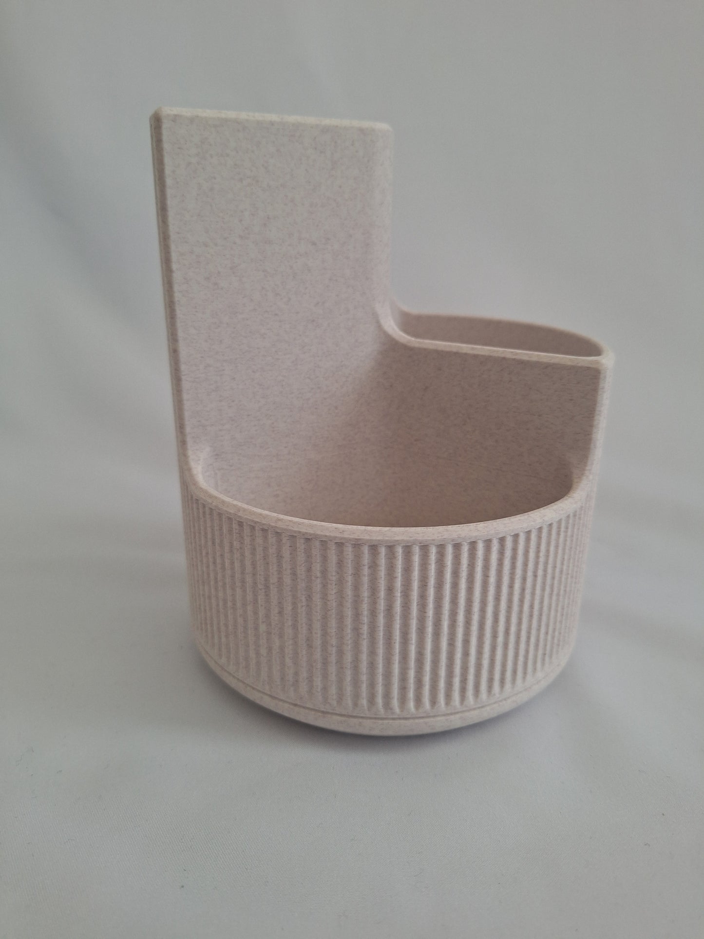 3D printed makeup brush holder, Marble white with cedar speckles, 3 compartments, ribbed design.