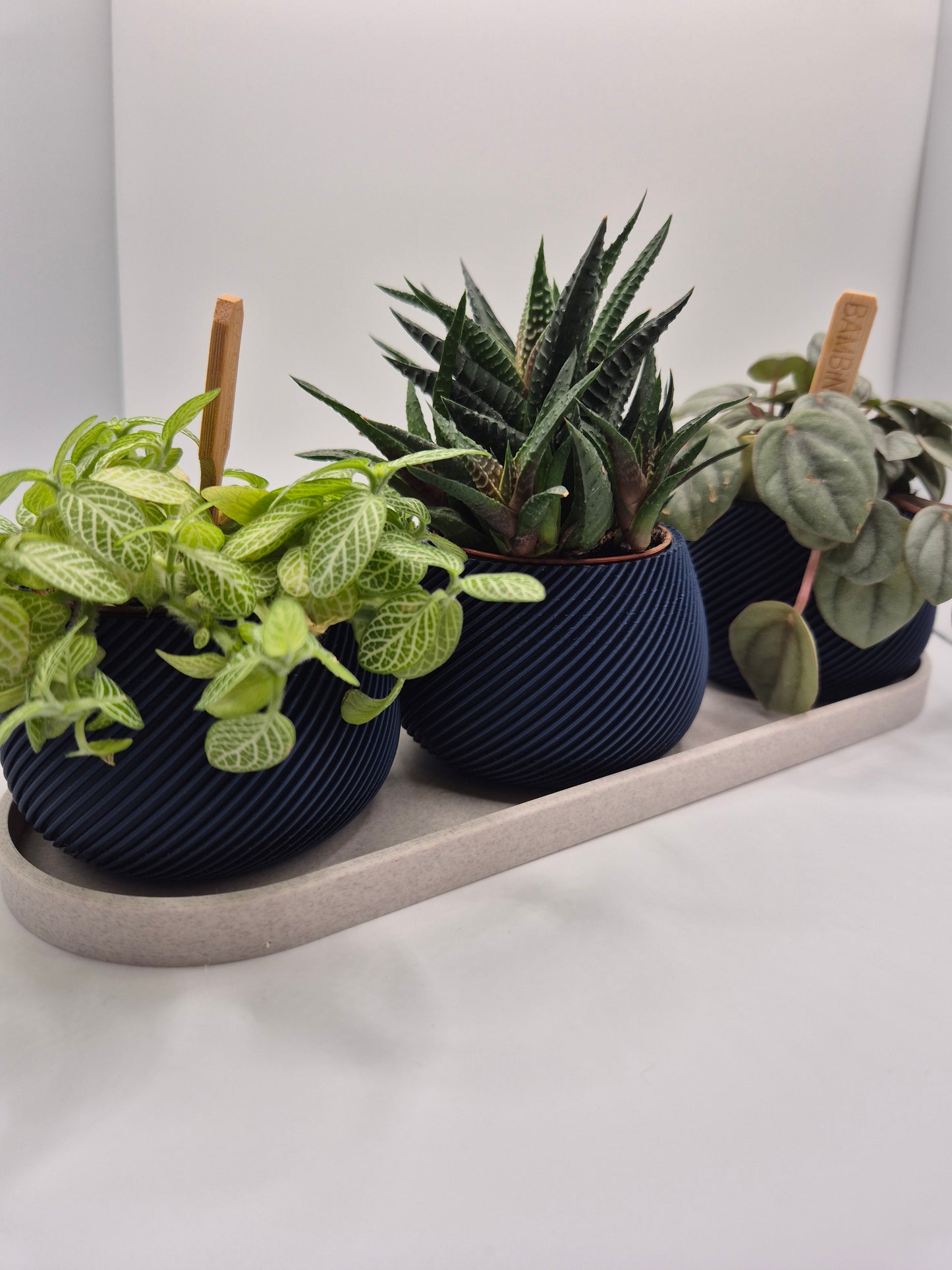 Elegant 3D printed plant pot and tea light holder set. White marble lattice design with plum insert. Perfect modern home decor gift. Made in UK.