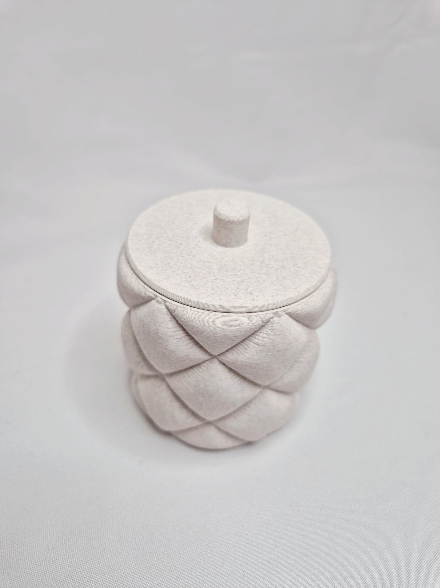 3D Printed Cotton Pad Holder with Lid – Quilted Cylinder in Cedar Speckle PLA | Handmade in UK