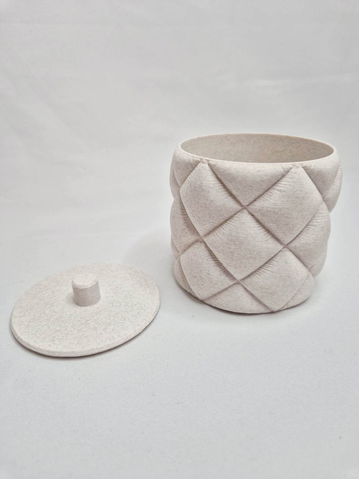 3D Printed Cotton Pad Holder with Lid – Quilted Cylinder in Cedar Speckle PLA | Handmade in UK