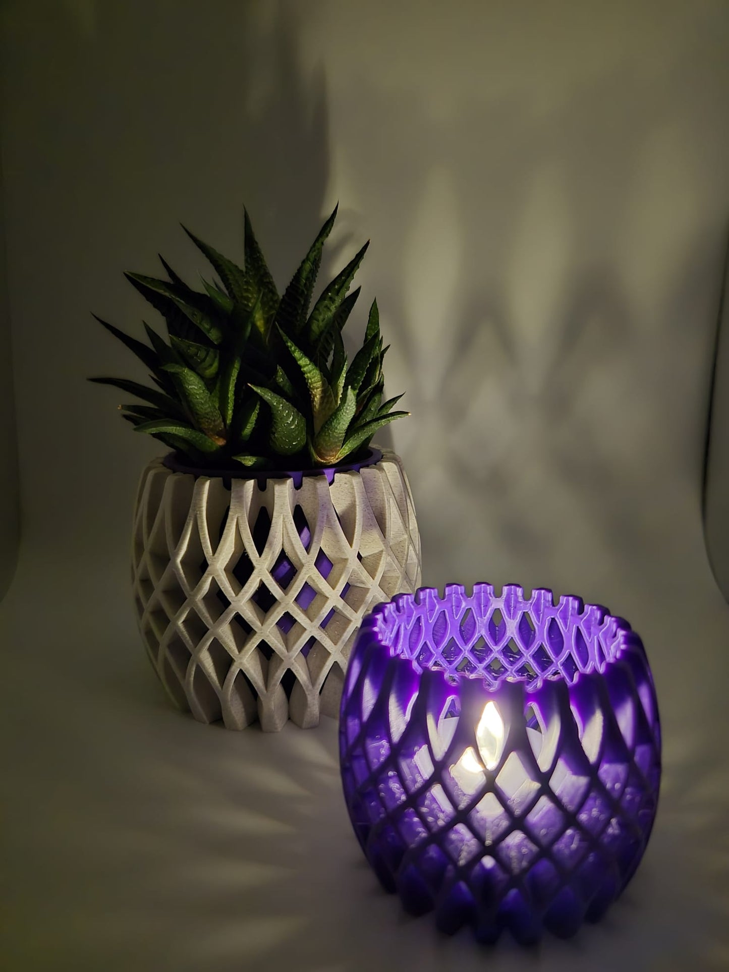 3D Printed Plant Pot & Tea Light Set | Marble Plum Lattice Design UK