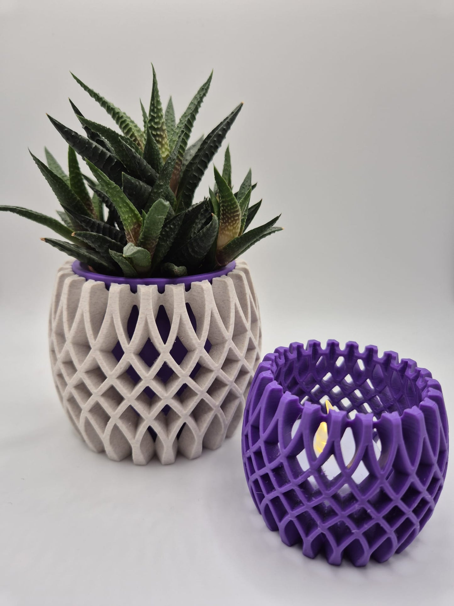 3D Printed Plant Pot & Tea Light Set | Marble Plum Lattice Design UK