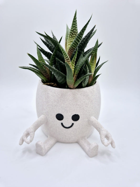 Funny Face 3D Printed Planter: Quirky Gotcha hand gesture | Marble White with Cedar Speckles