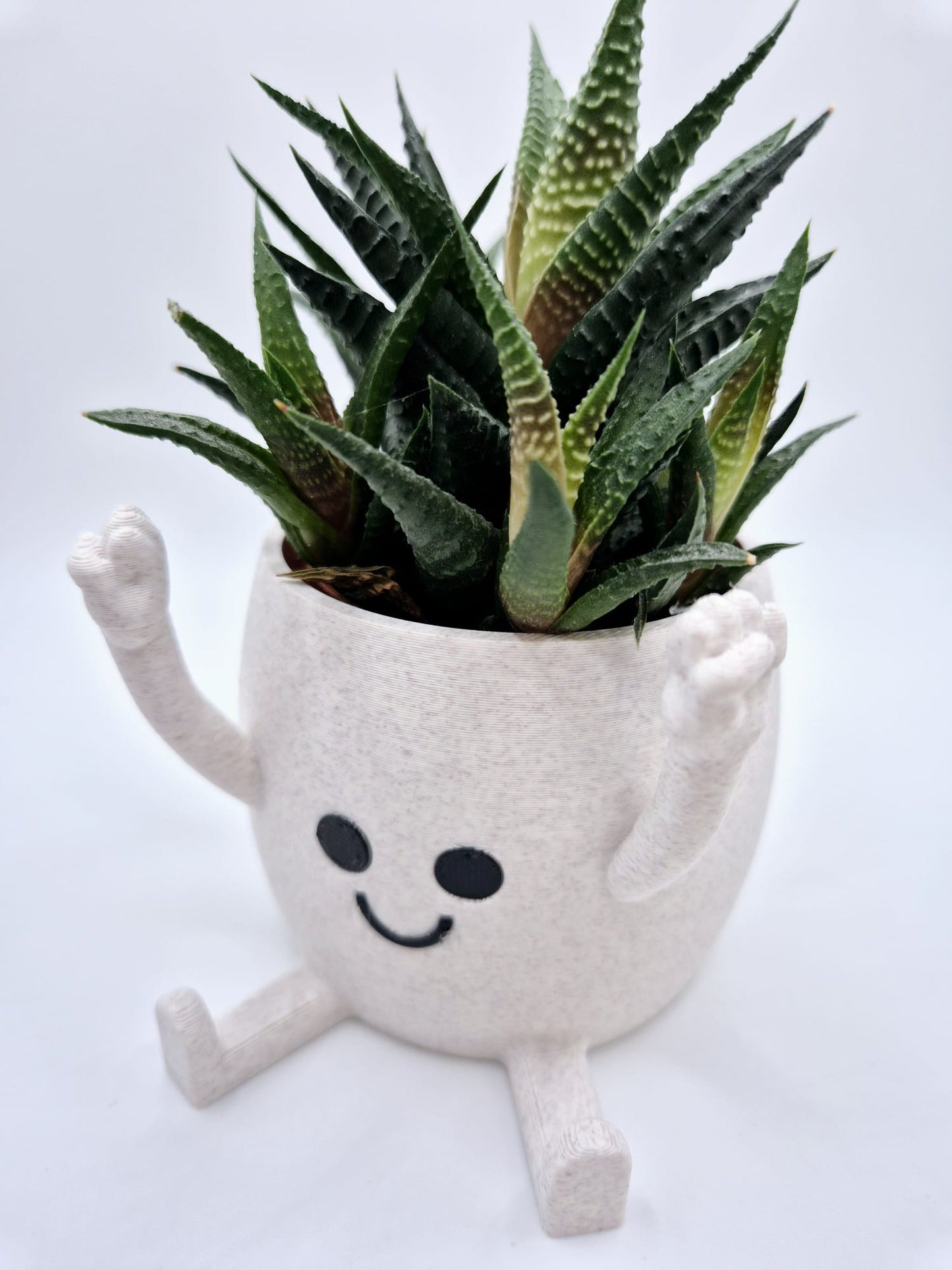 Funny Face 3D Printed Planter: Quirky Fists Bump hand gesture | Marble White with Cedar Speckles