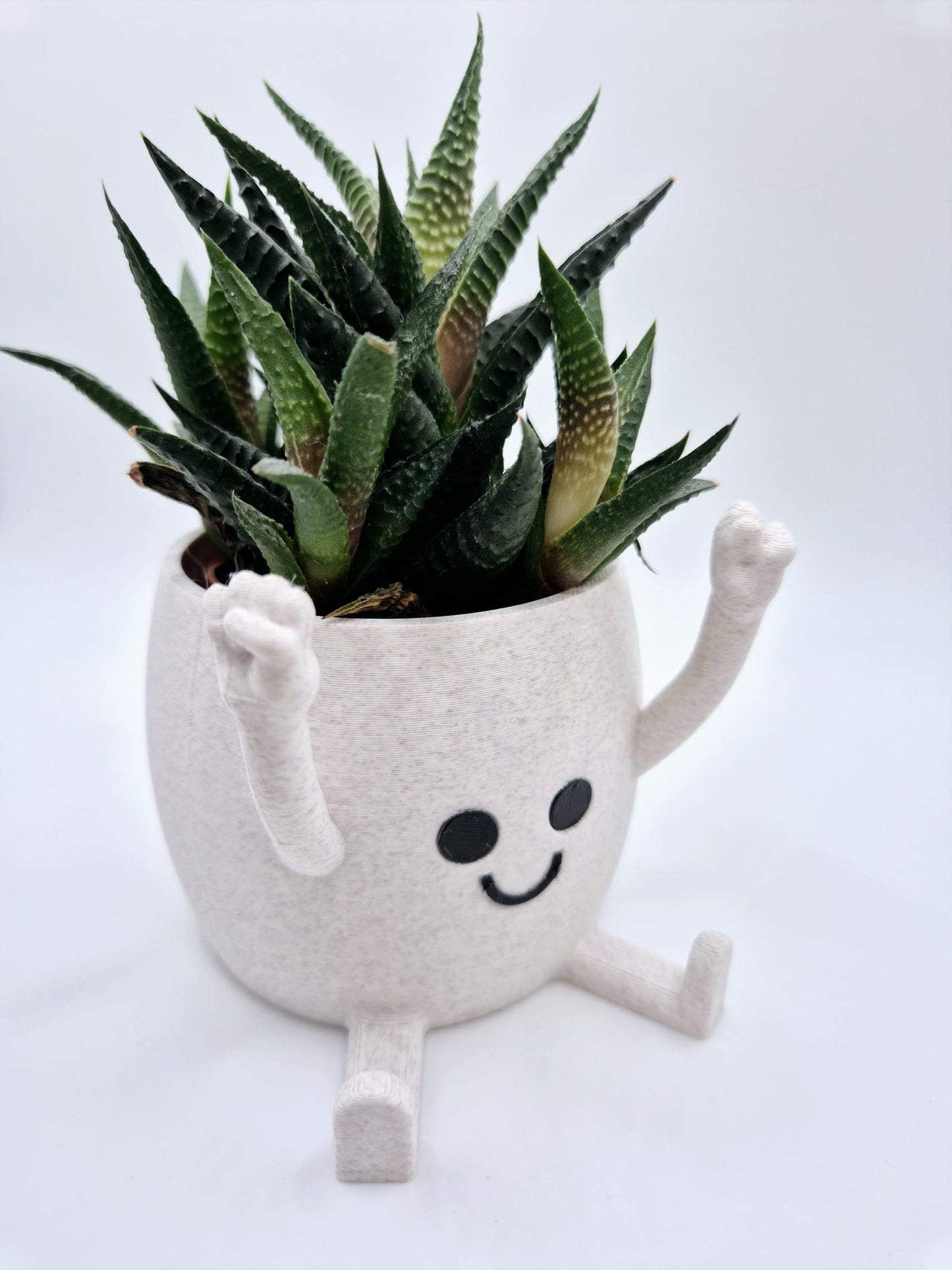 Funny Face 3D Printed Planter: Quirky Fists Bump hand gesture | Marble White with Cedar Speckles