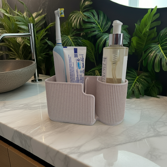 White Marble Bathroom Organiser with Cedar Speckles – 5 Compartments, Ribbed Design – Soap Dispenser Slot – Modern Storage Tray